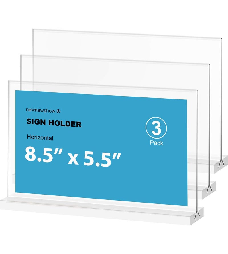 newnewshow Acrylic Sign Holder 8.5x5.5 Inch 3 Pack Horizontal T Shape Double-Sided Desktop Display Holder. (Optional 8.5x11 8.5x5.5 5x7 Horizontal and Vertical) - Image 1